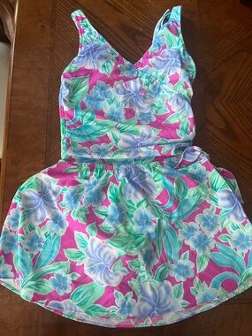 Vintage Sea Waves Floral One-Piece Swimsuit with wrap skirt Sz 10